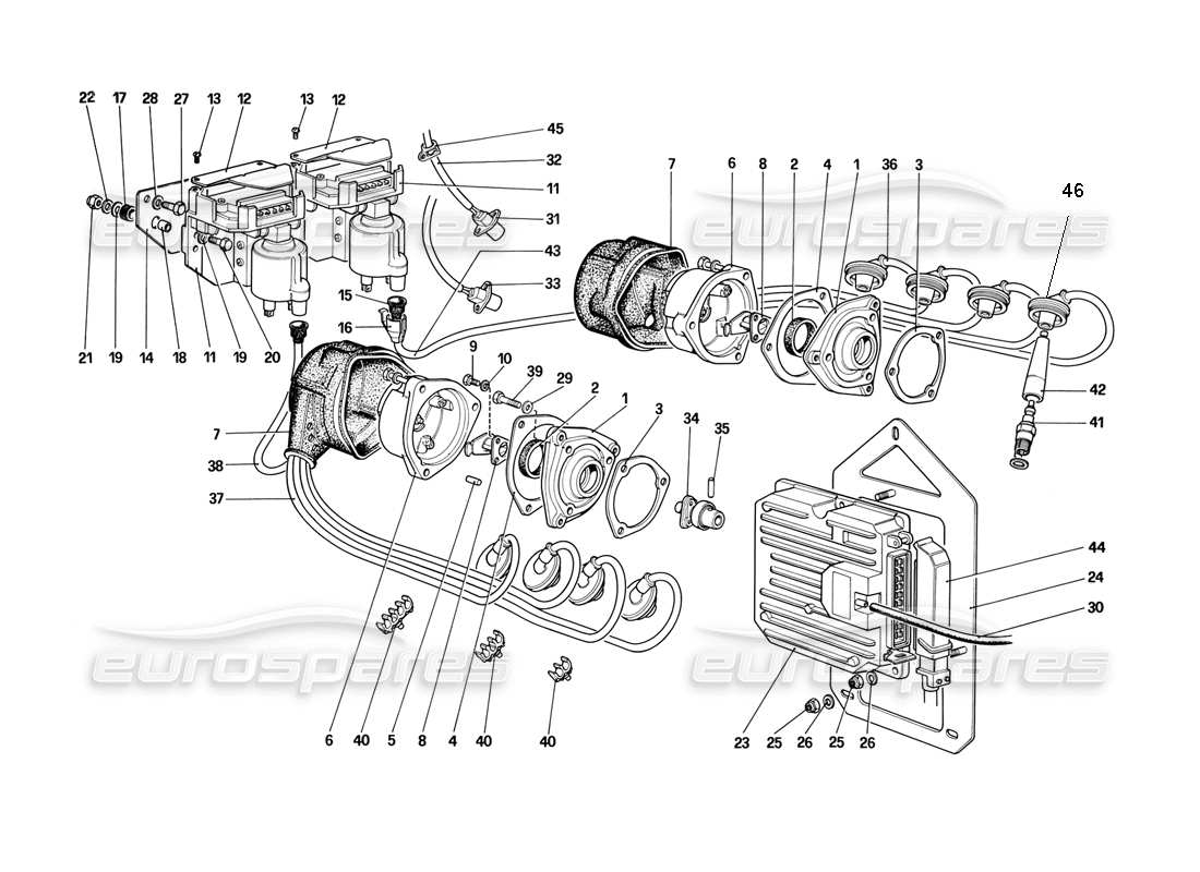 ferrari mondial 3.2 qv (1987) diagramma delle parti di accensione del motore