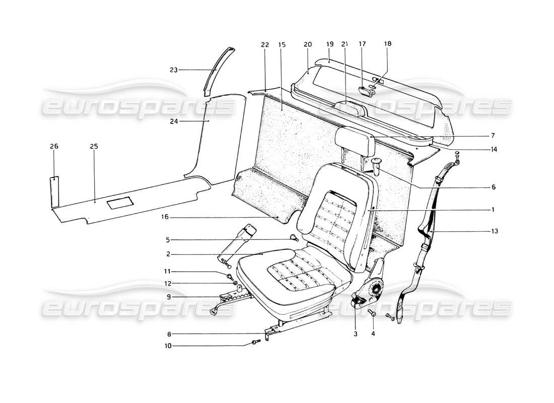 ferrari 512 bb schema delle parti di rivestimenti interni, accessori e sedili
