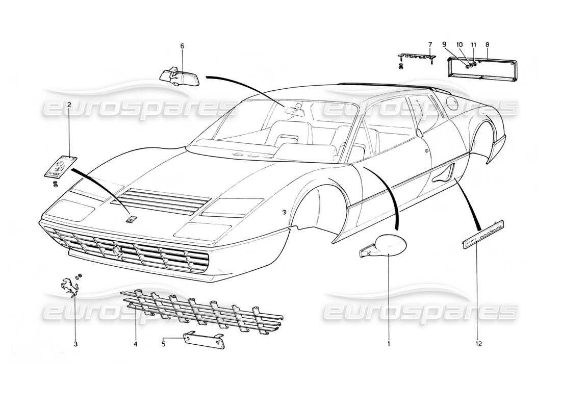 ferrari 512 bb diagramma delle parti delle modanature del corpo