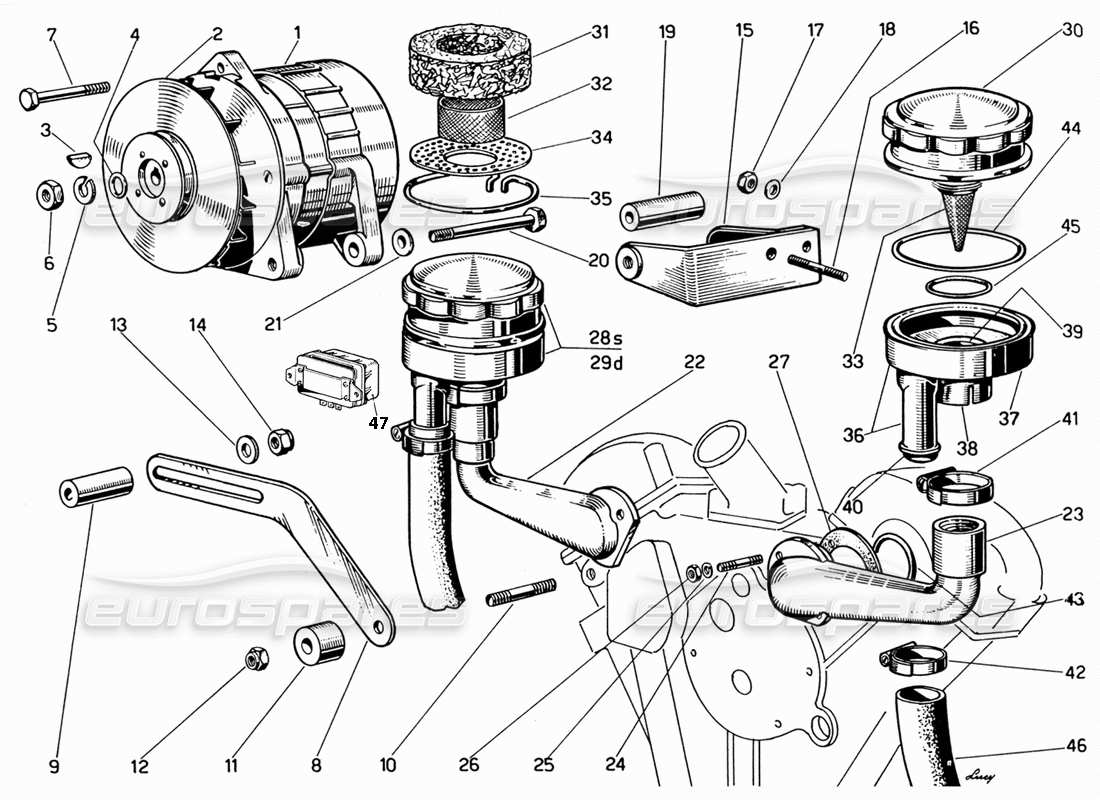 ferrari 330 gt 2+2 diagramma delle parti del generatore e degli sfiatatoi del motore