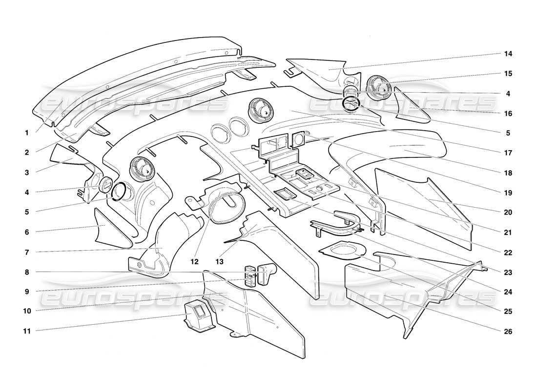 lamborghini diablo vt (1994) rivestimento dell'abitacolo diagramma delle parti