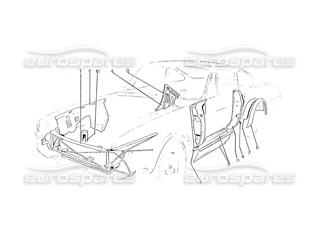 ferrari 330 gtc / 365 gtc (coachwork) inner frame panels part diagram