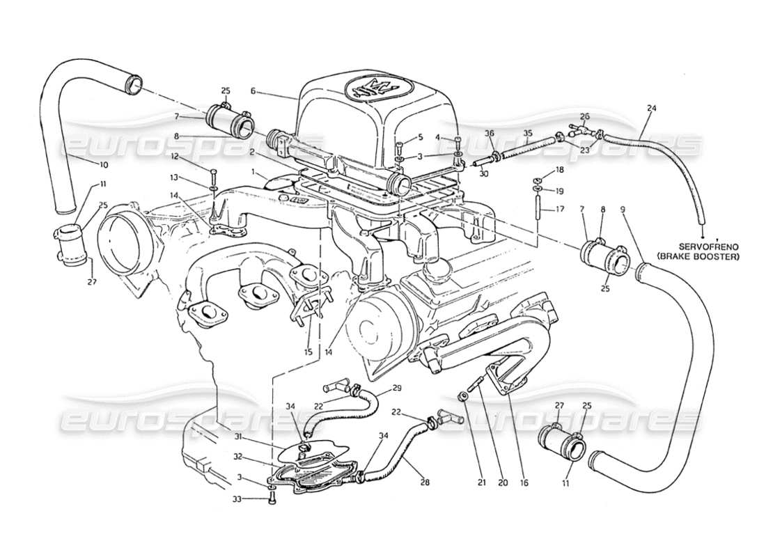 maserati biturbo 2.5 (1984) diagramma delle parti dei collettori di aspirazione e scarico