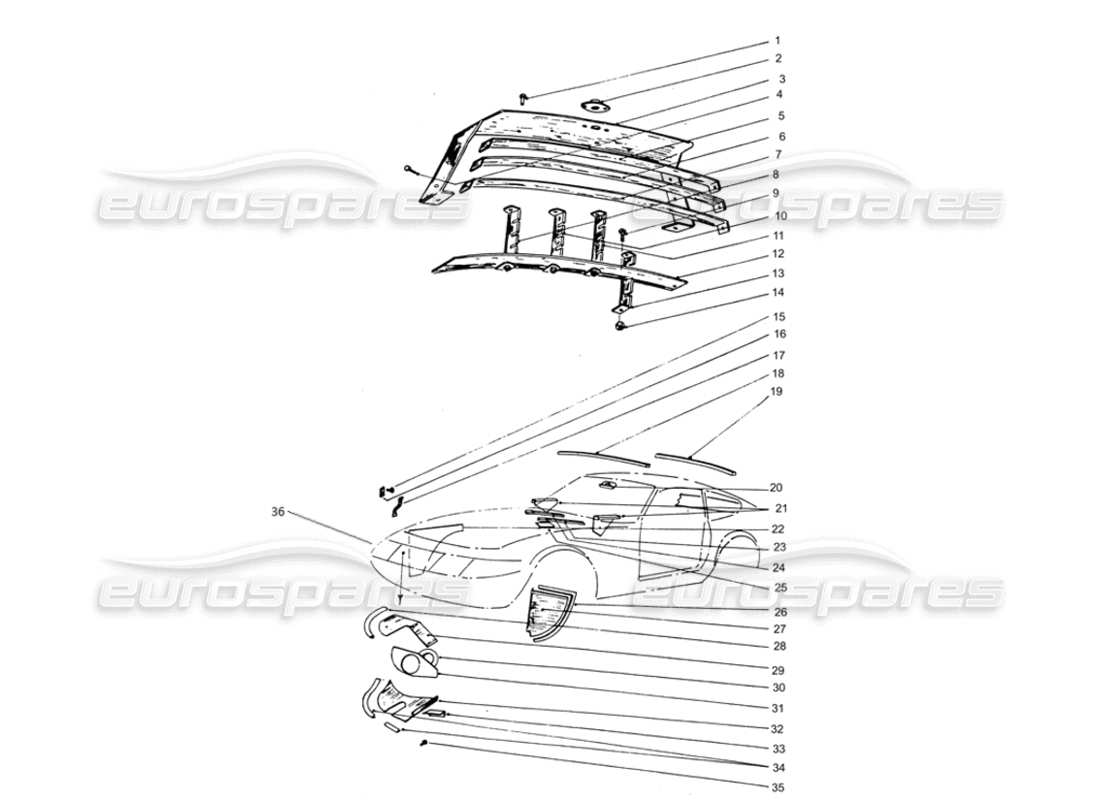 ferrari 365 gtb4 daytona (coachwork) schema delle parti della griglia anteriore e delle coperture