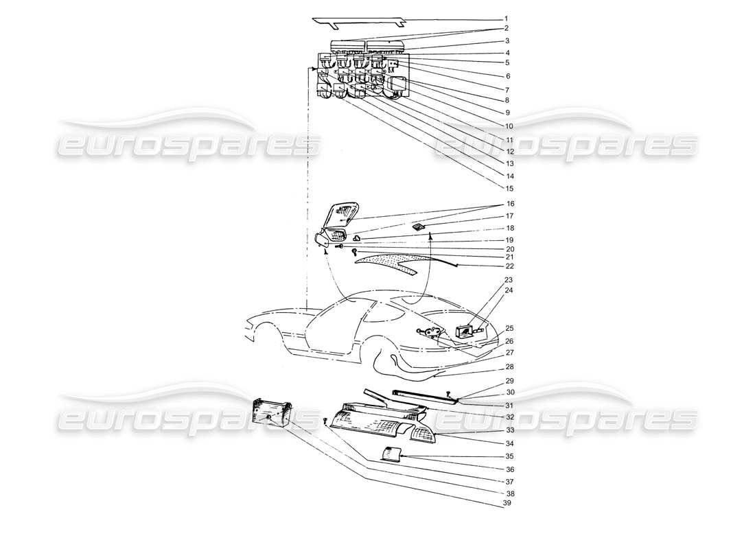 ferrari 365 gtb4 daytona (coachwork) schema delle parti della scatola dei fusibili