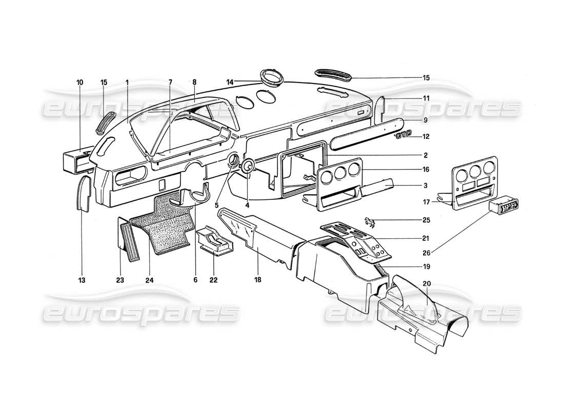 ferrari 288 gto diagramma delle parti di strumento, pannello e tunnel
