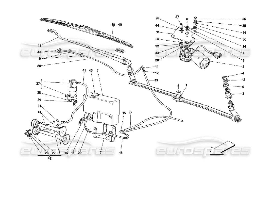 ferrari mondial 3.4 t coupe/cabrio tergicristallo e clacson diagramma delle parti