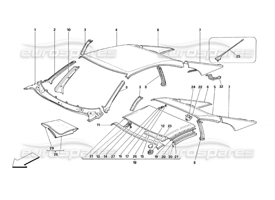 ferrari 348 (1993) tb / ts tetto: diagramma delle parti delle finiture esterne