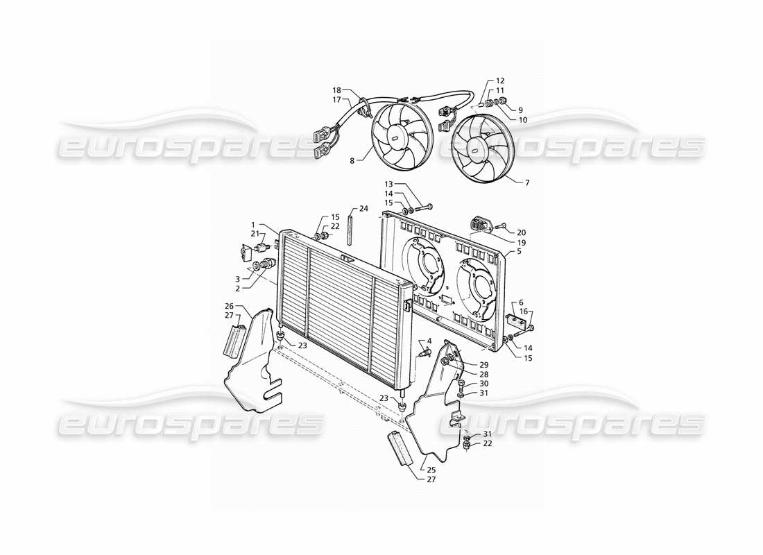 maserati qtp v8 (1998) diagramma delle parti del radiatore e delle ventole di raffreddamento