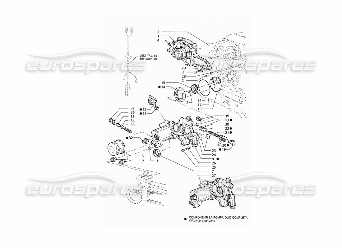 maserati qtp v6 (1996) diagramma delle parti della pompa dell'olio e della pompa dell'acqua