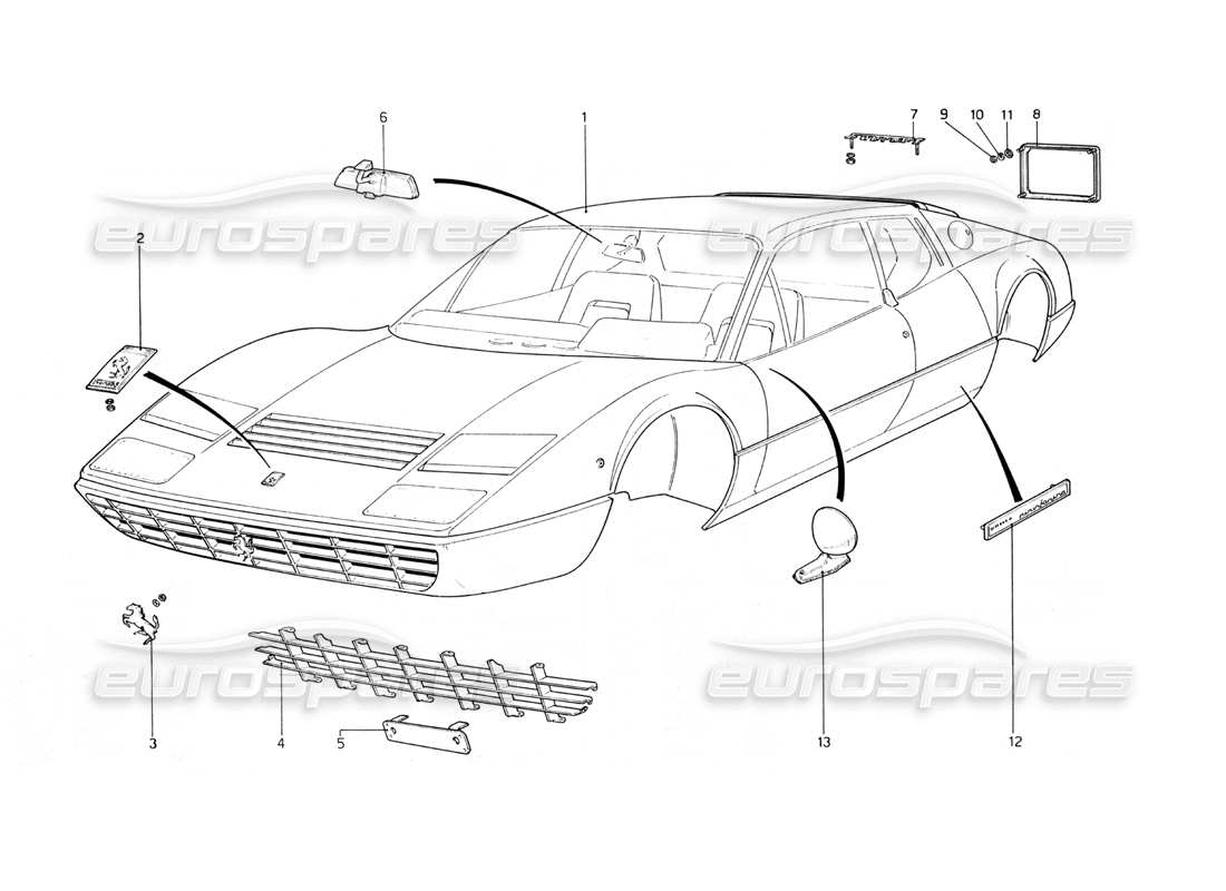 ferrari 365 gt4 berlinetta boxer diagramma delle parti della carrozzeria e delle modanature