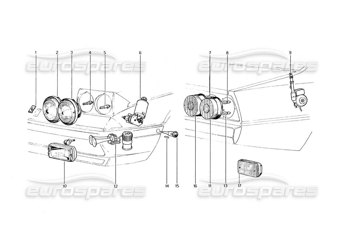 ferrari 400 gt (mechanical) luci anteriori e posteriori, clacson e diagramma della parte aerea