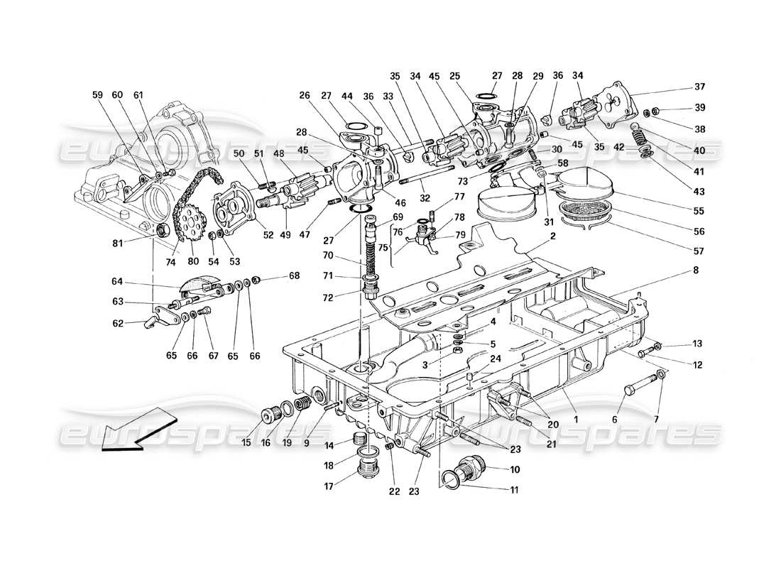 ferrari 348 (1993) tb / ts lubrificazione: diagramma delle parti di pompe e coppe dell'olio