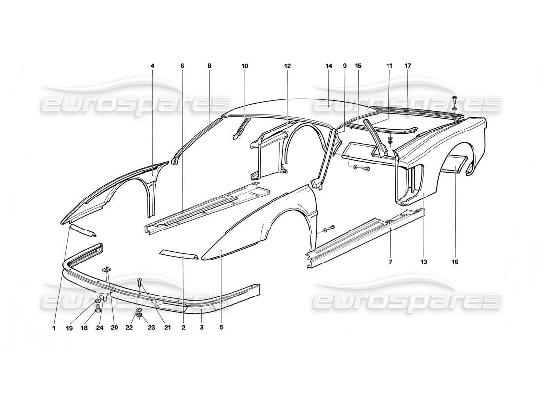 ferrari testarossa (1987) corpo - diagramma delle parti dei componenti esterni
