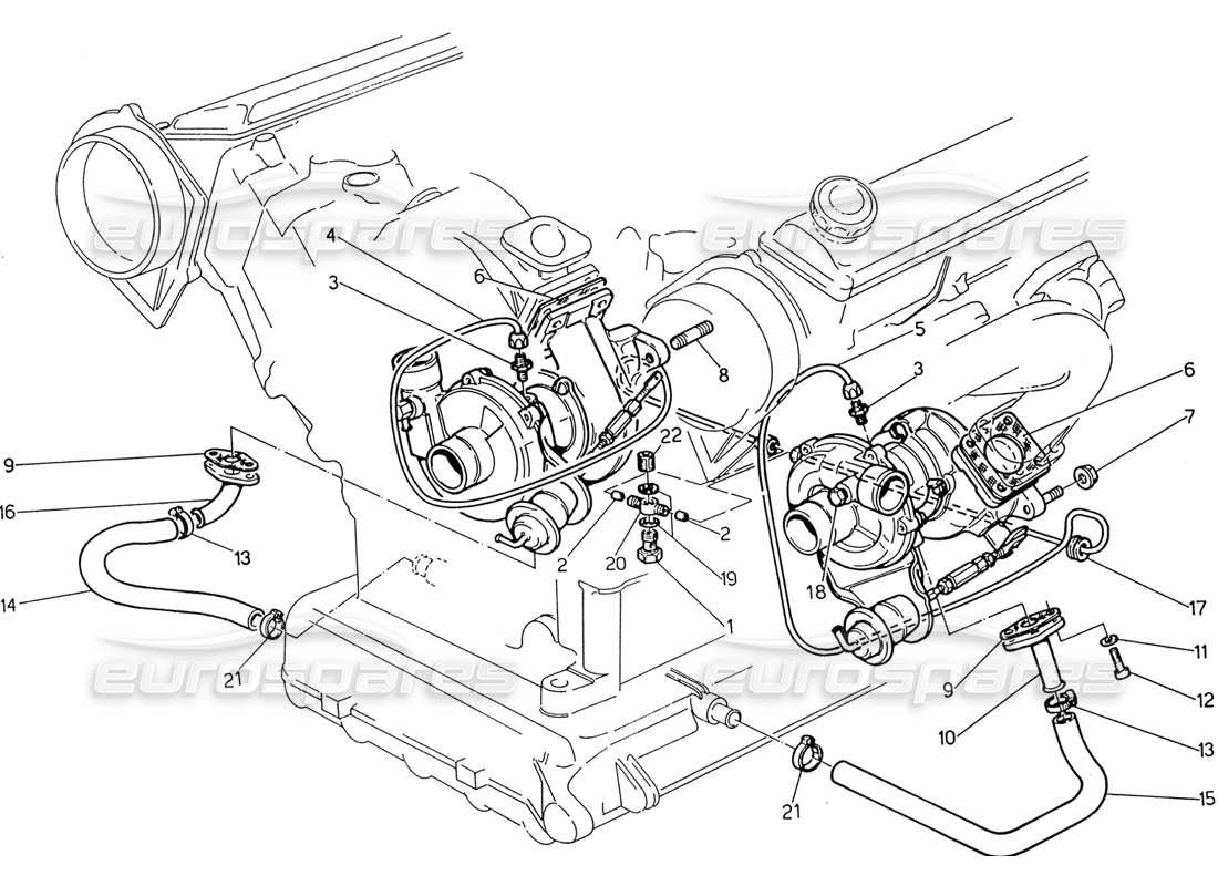 maserati 222 / 222e biturbo diagramma delle parti di lubrificazione dei turbosoffianti