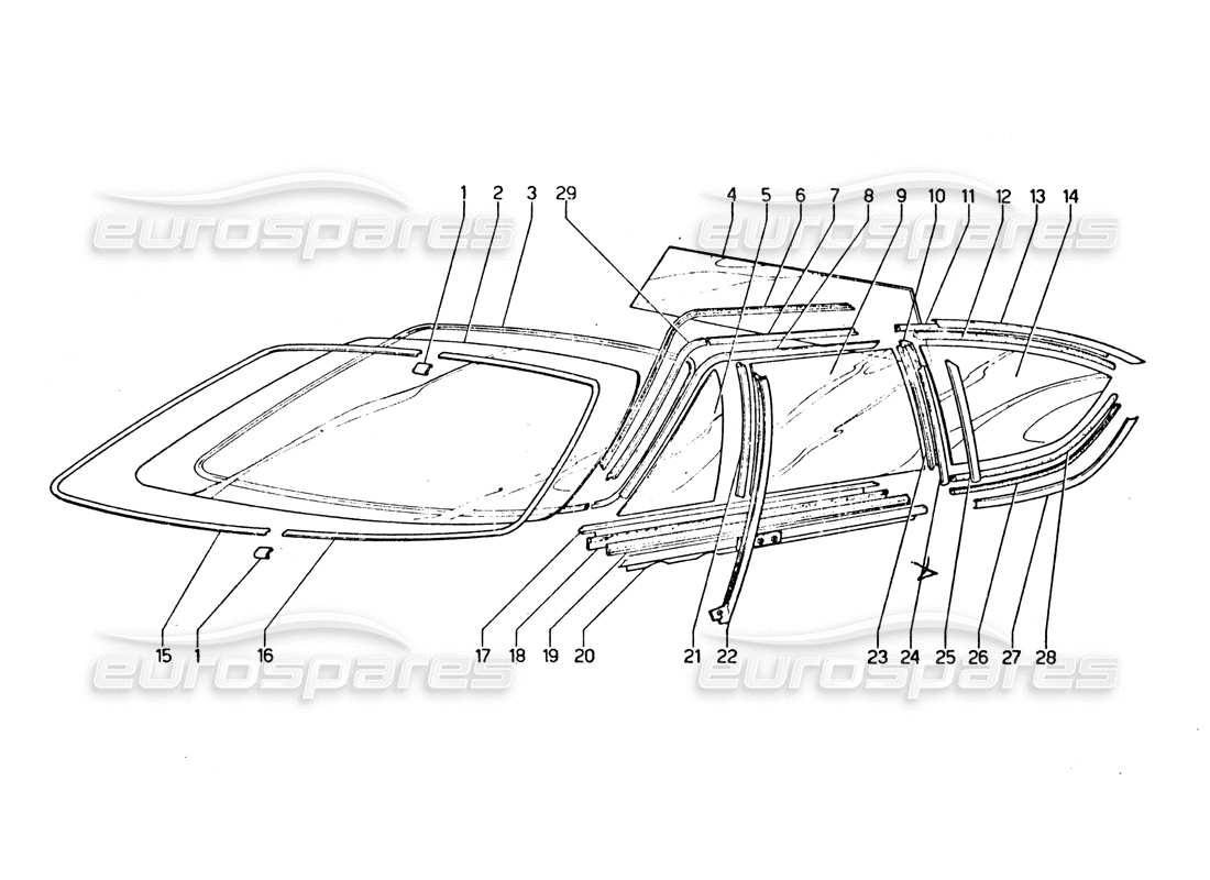 lamborghini urraco p250 / p250s schema delle parti di vetri, parabrezza e vetri laterali