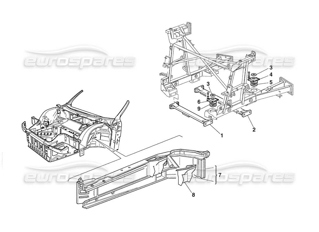 ferrari 355 challenge (1999) supporti motore: diagramma delle parti degli elementi del telaio e della carrozzeria