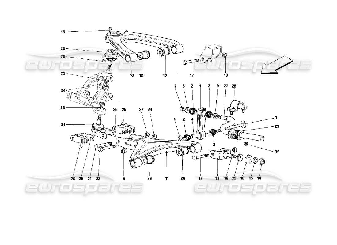 ferrari 512 tr sospensioni anteriori - schema delle parti bracci trasversali