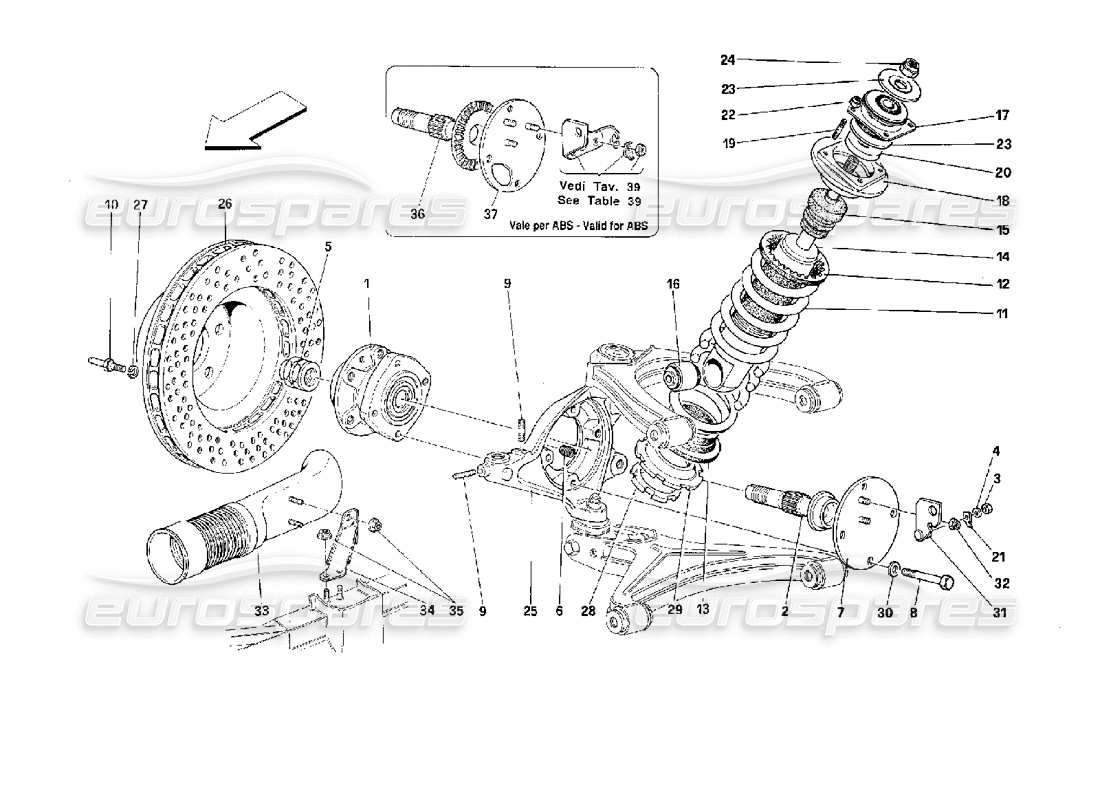 ferrari 512 tr sospensione anteriore - ammortizzatore e disco freno schema delle parti