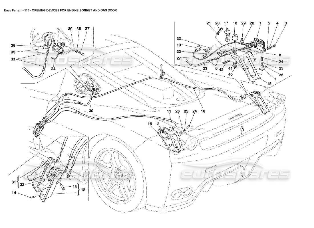 ferrari enzo schema delle parti dei dispositivi di apertura per il cofano motore e lo sportello del gas