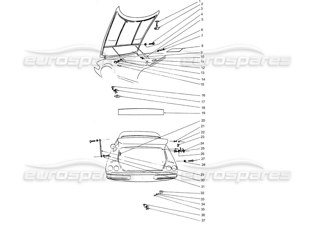 ferrari 365 gtb4 daytona (coachwork) schema delle parti delle cerniere del cofano anteriore e del cofano posteriore