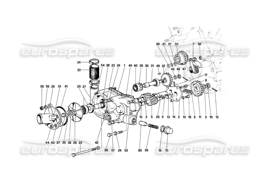 ferrari 400i (1983 mechanical) diagramma delle parti della pompa dell'acqua e della pompa dell'olio motore