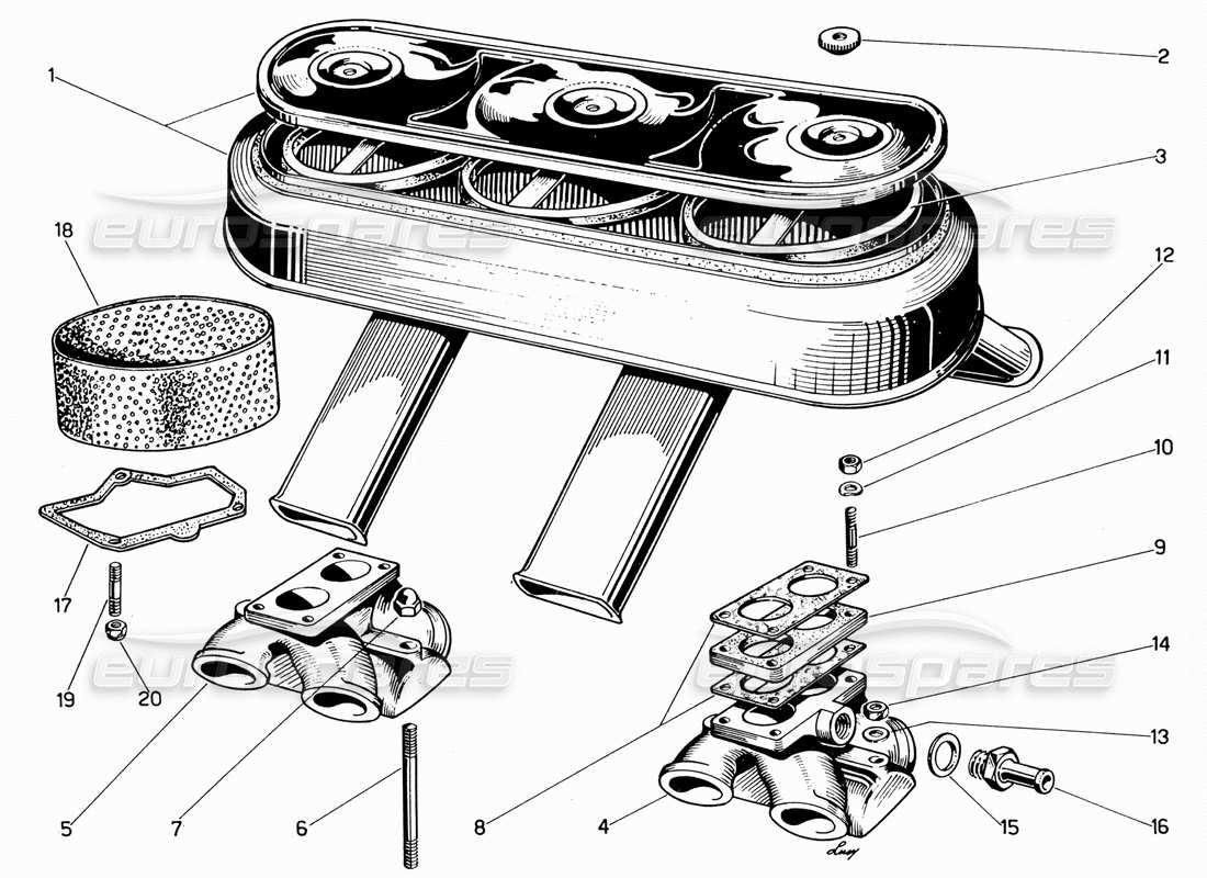 ferrari 330 gt 2+2 aspirazione aria e collettori diagramma delle parti