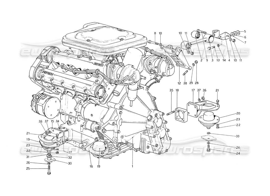 ferrari 208 gt4 dino (1975) motore: diagramma delle parti del cambio e dei supporti