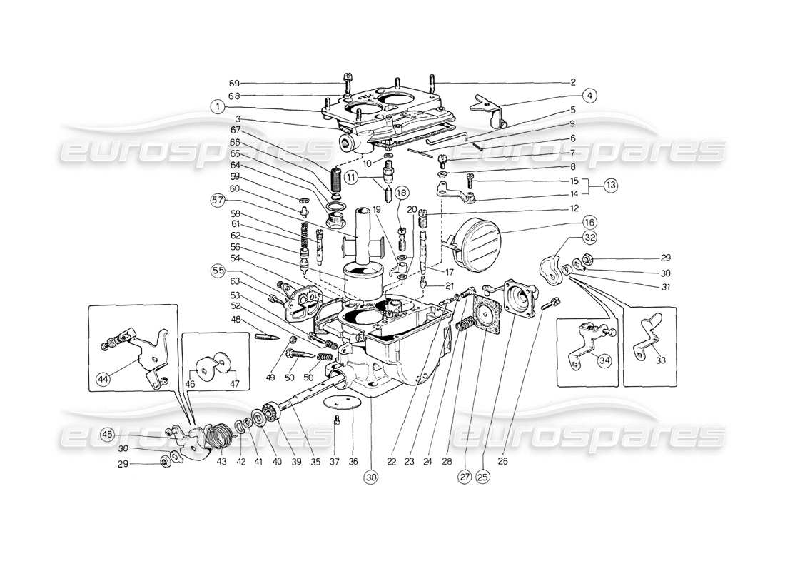 ferrari 208 gt4 dino (1975) carburatori weber (34 dcn 53-54-55-56) diagramma delle parti