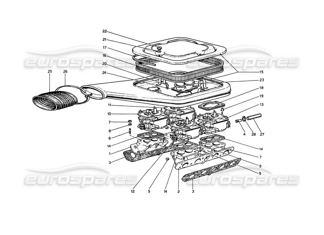 ferrari 208 gt4 dino (1975) schema delle parti di carburatori e filtro dell'aria