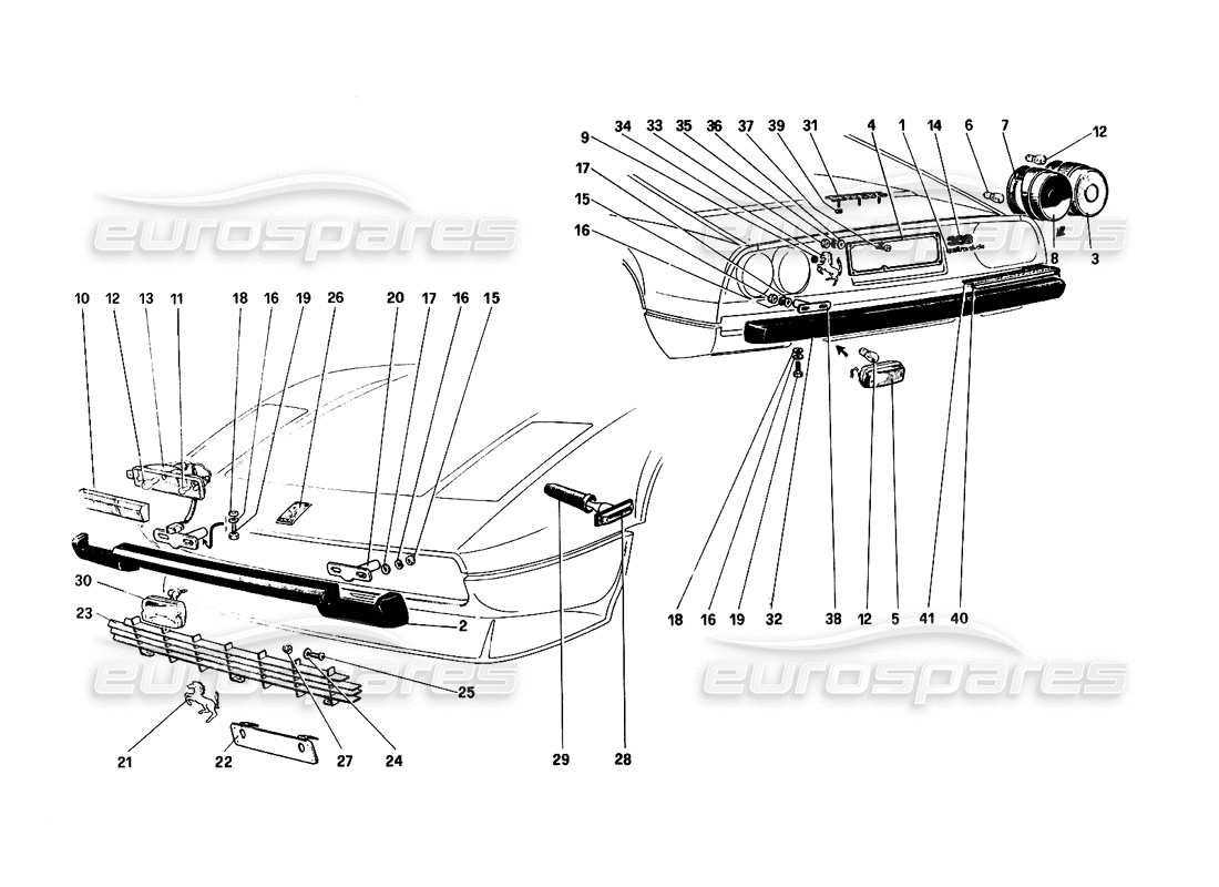 ferrari 308 quattrovalvole (1985) diagramma delle parti di paraurti, modanature e luci esterne