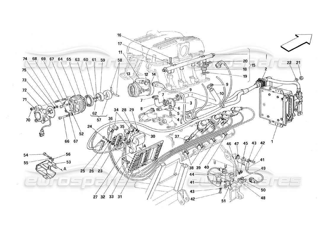 ferrari 348 (1993) tb / ts iniezione d'aria - schema delle parti di accensione