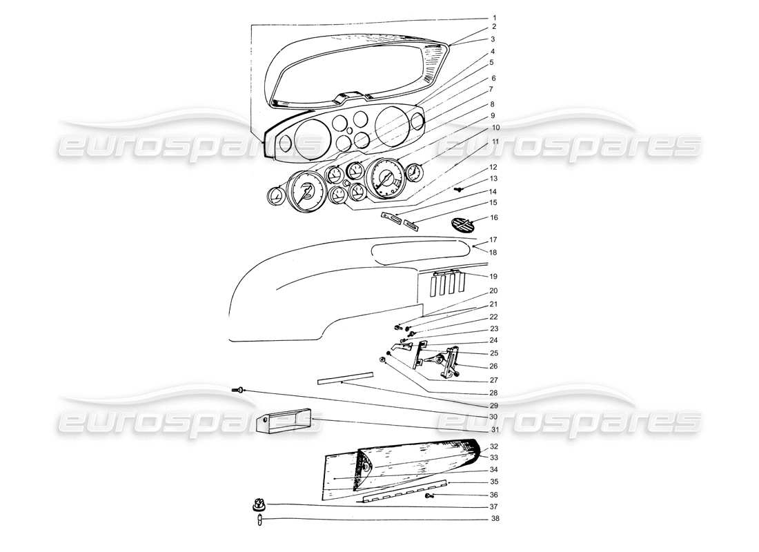 ferrari 365 gtb4 daytona (coachwork) quadro strumenti: diagramma delle parti del vano portaoggetti