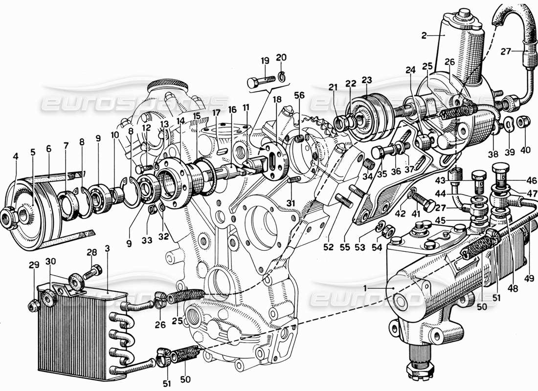 ferrari 365 gt 2+2 (mechanical) diagramma delle parti della pompa idraulica dello sterzo e dei controlli