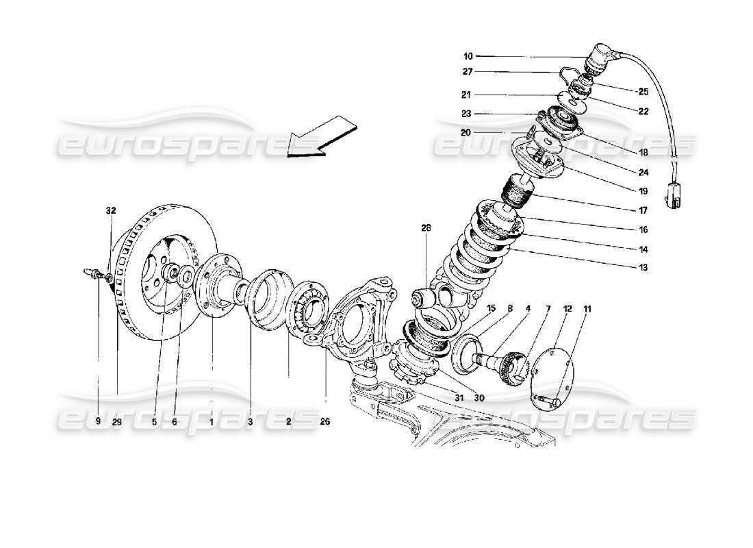 ferrari mondial 3.4 t coupe/cabrio sosp. anteriore - schema delle parti dell'ammortizzatore e del disco freno