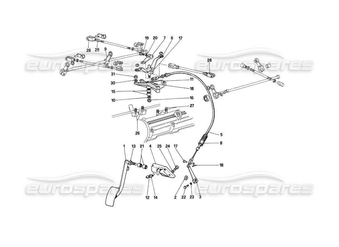 ferrari 400i (1983 mechanical) diagramma delle parti dei comandi dell'acceleratore (valido per le versioni con guida a destra).