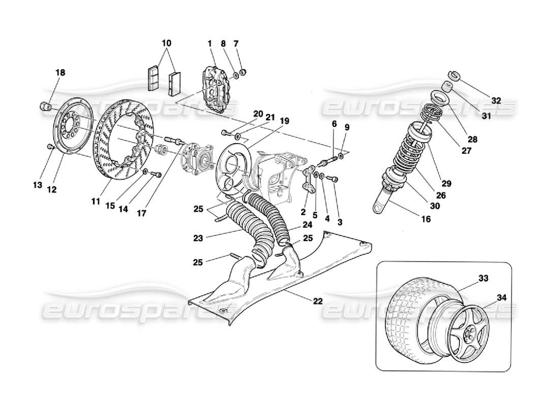 ferrari 355 challenge (1996) schema delle parti freni - ammortizzatori - presa d'aria posteriore - ruote