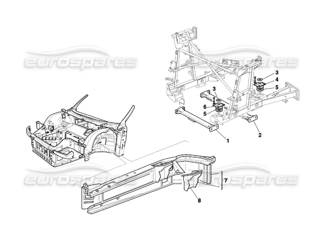 ferrari 355 challenge (1996) supporti motore: diagramma delle parti degli elementi del telaio e della carrozzeria