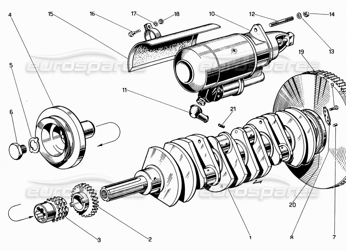 ferrari 330 gt 2+2 schema delle parti dell'albero motore e del motorino di avviamento