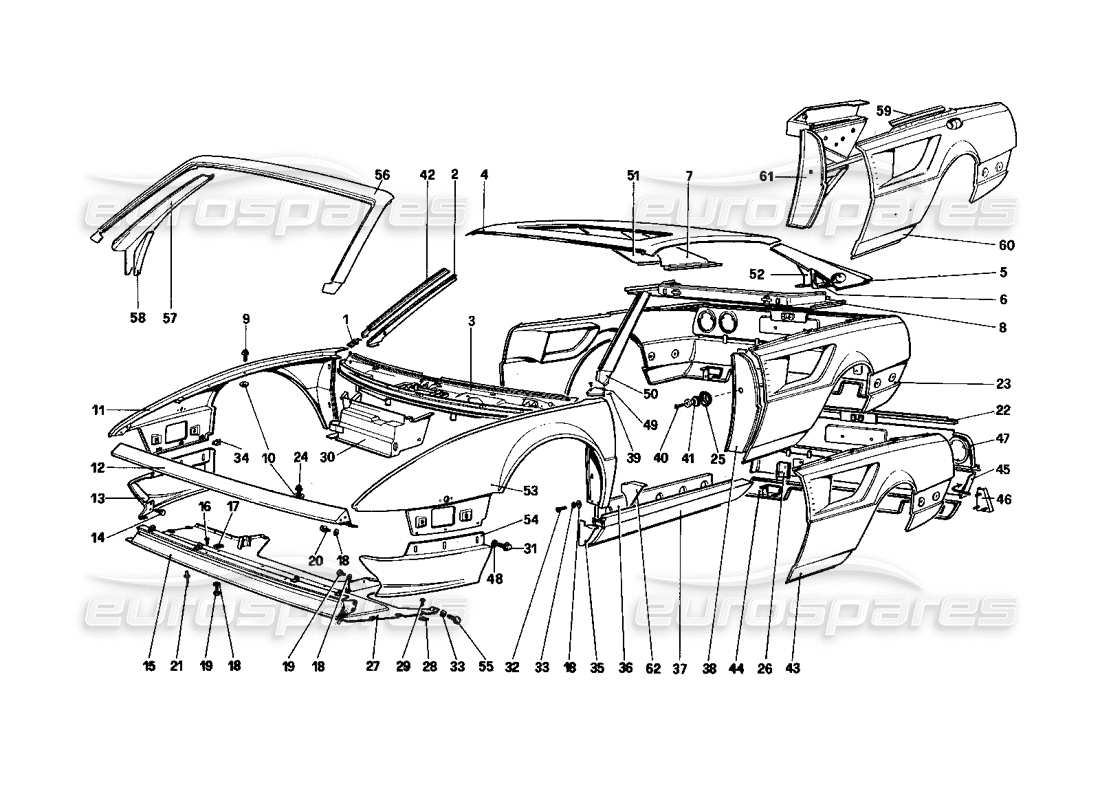 ferrari mondial 3.0 qv (1984) scocca - elementi esterni diagramma delle parti