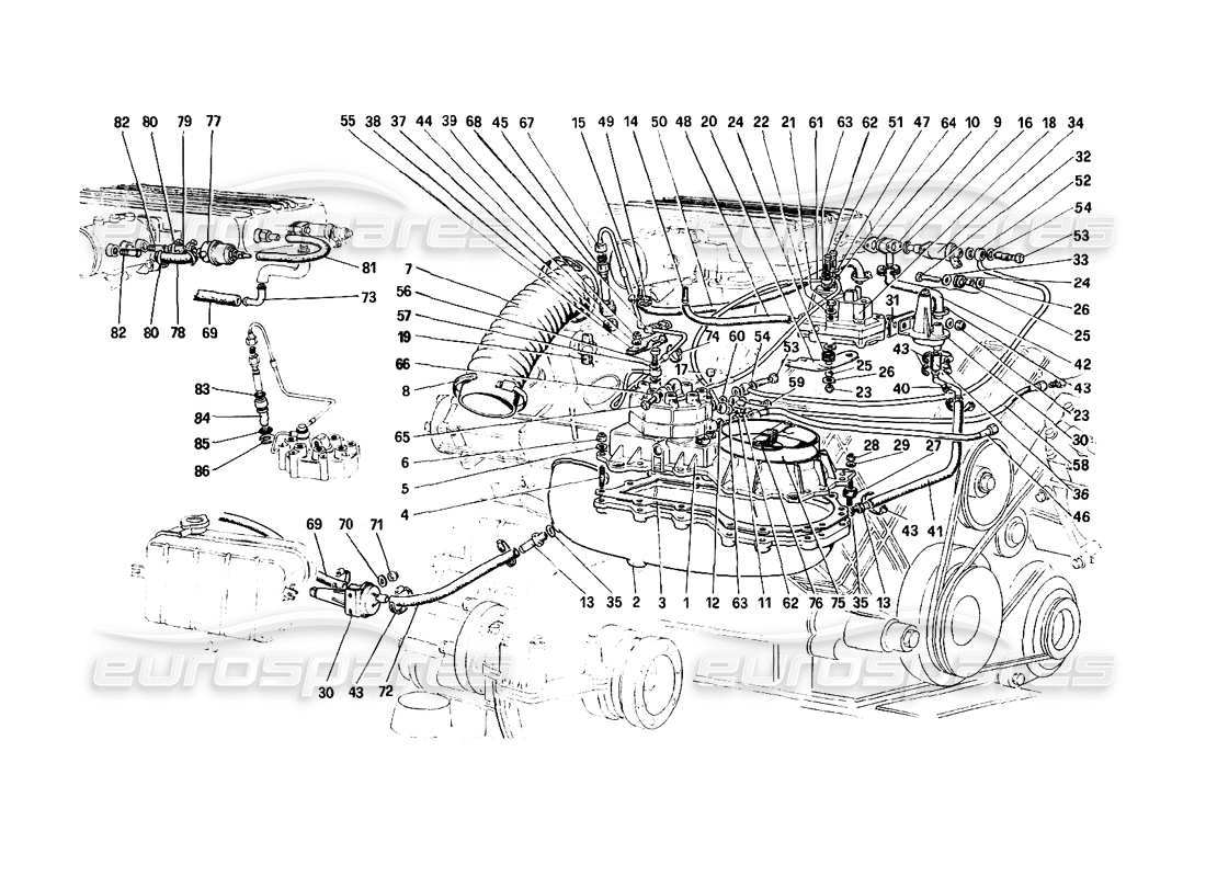 ferrari mondial 3.0 qv (1984) sistema di iniezione del carburante: distributori di carburante, diagramma delle parti delle linee