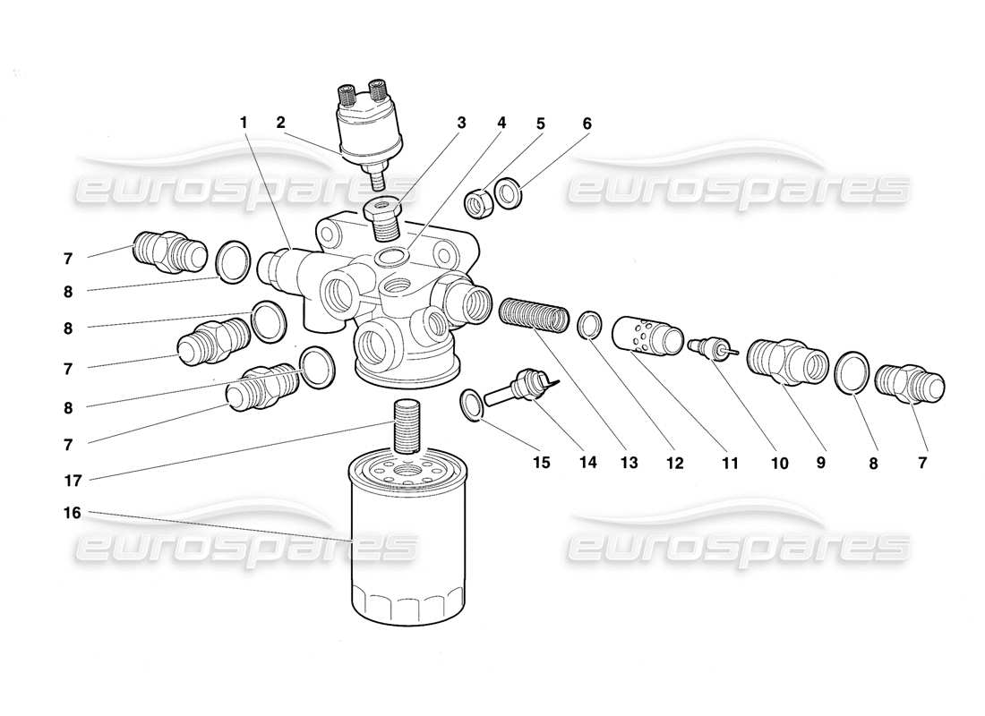 lamborghini diablo vt (1994) diagramma delle parti del filtro dell'olio motore e del termostato