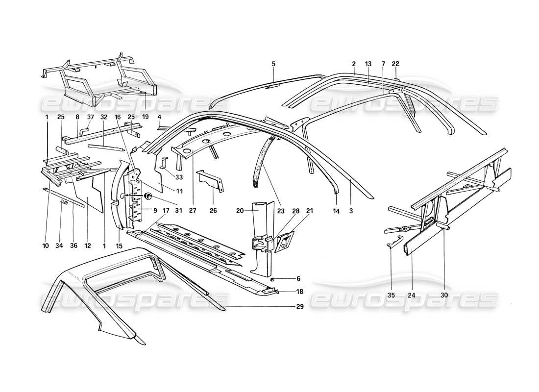 ferrari 308 quattrovalvole (1985) scocca - diagramma delle parti degli elementi interni