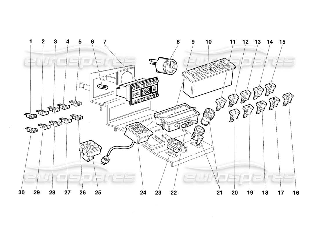 lamborghini diablo vt (1994) diagramma delle parti degli strumenti del pannello tunnel