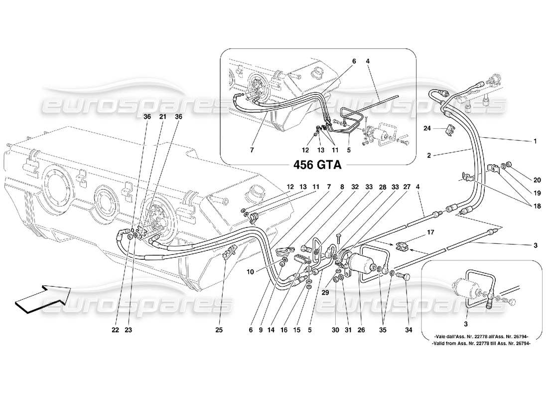 ferrari 456 gt/gta sistema di alimentazione del carburante diagramma delle parti