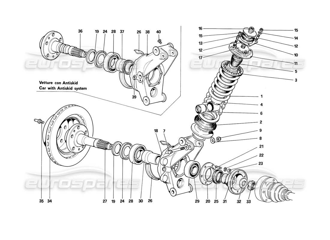 ferrari mondial 3.2 qv (1987) sospensione posteriore - ammortizzatore e disco freno schema parte