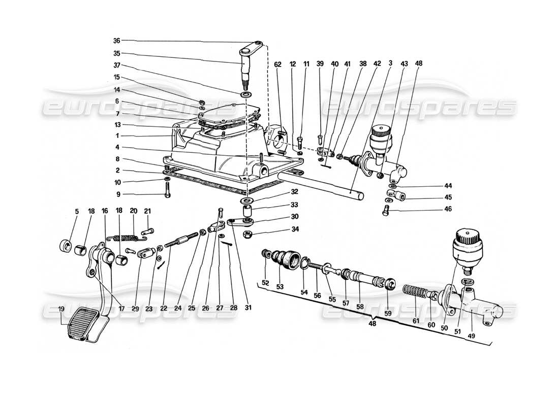 ferrari 512 bbi diagramma delle parti del comando di rilascio della frizione (variante per versione con guida a destra).