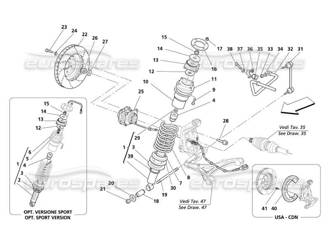 maserati 4200 spyder (2005) sospensione posteriore: schema delle parti dell'ammortizzatore e del disco freno