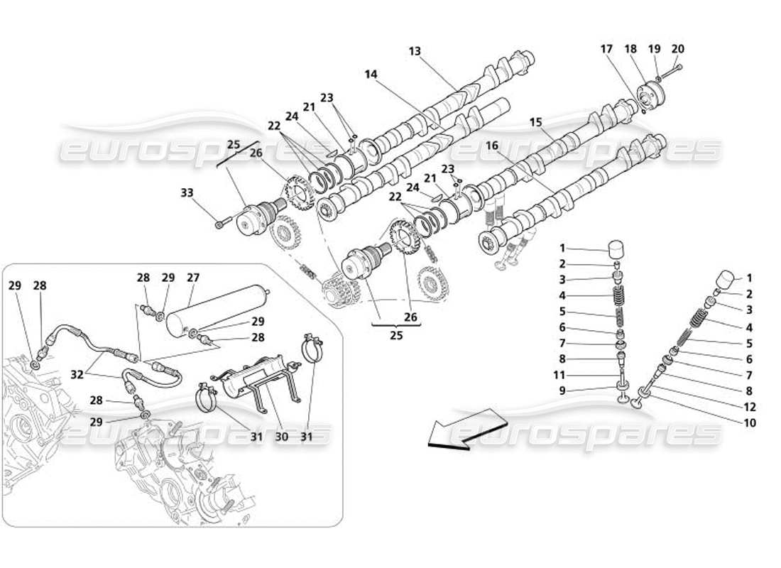 maserati 4200 gransport (2005) distribuzione: diagramma delle parti delle punterie