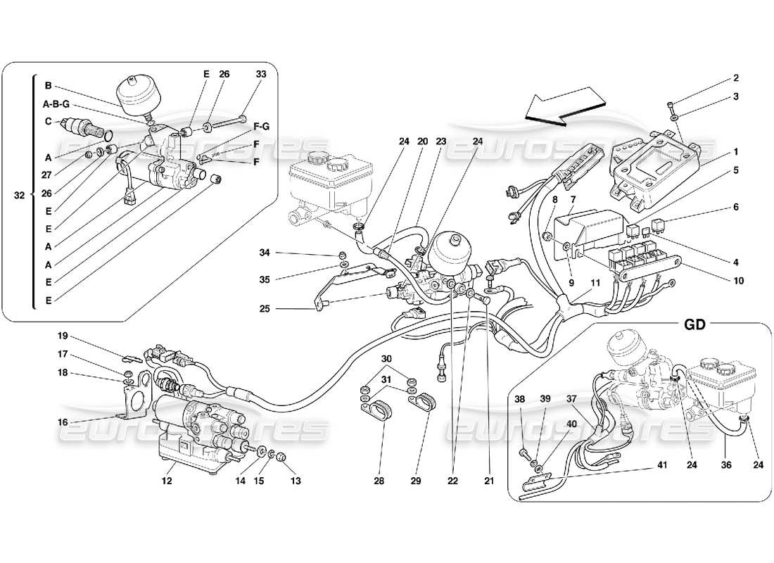 ferrari 456 gt/gta schema delle parti dell'unità di controllo e dell'attrezzatura idraulica per il sistema abs